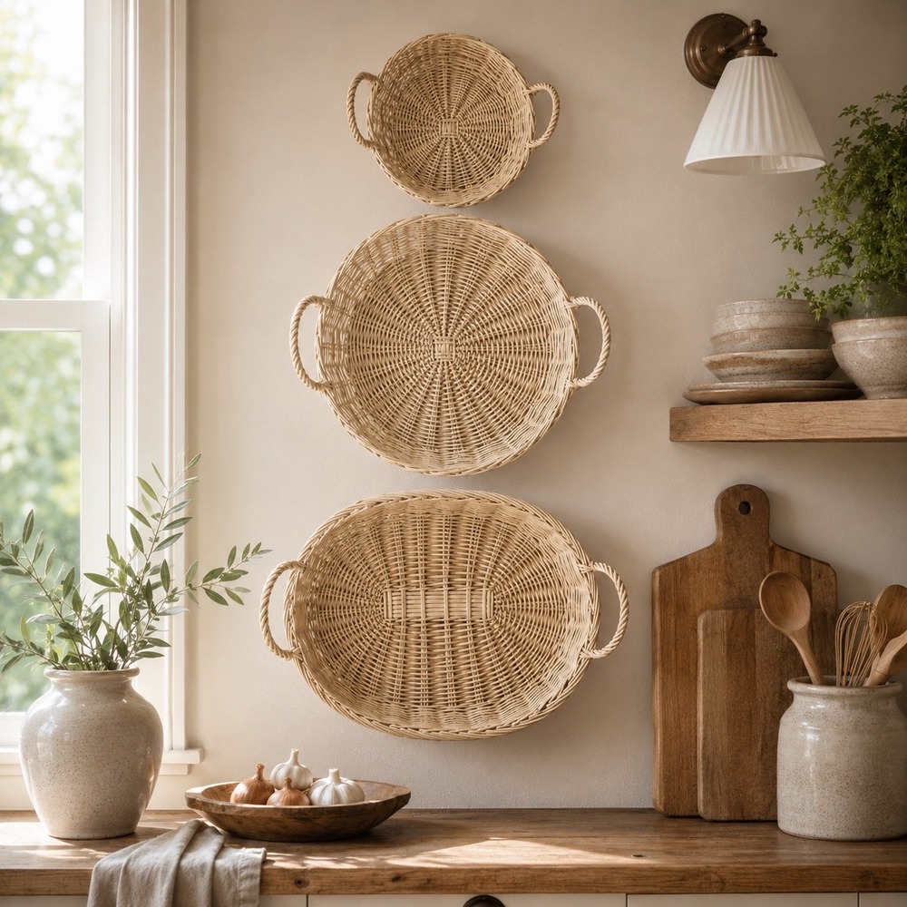 Vintage Wicker Wall Basket Set of 3 English Cottage Kitchen Wall Decor